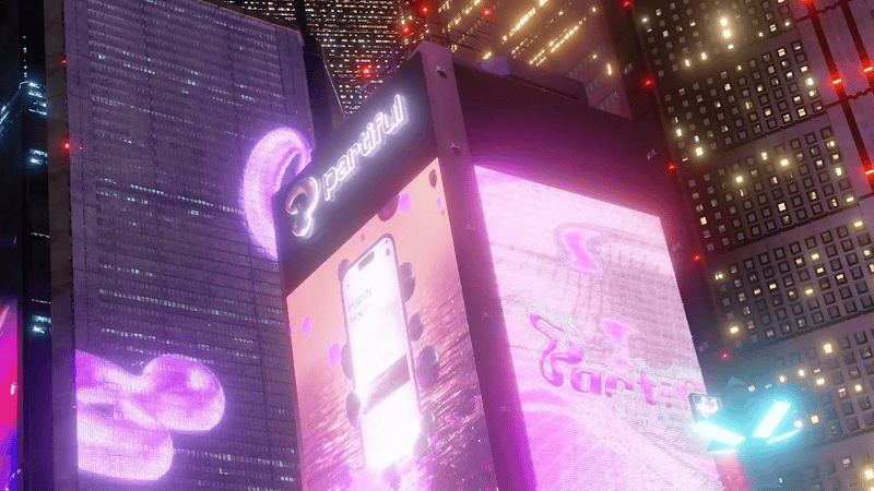 A night city display with glowing purple and pink screens.
